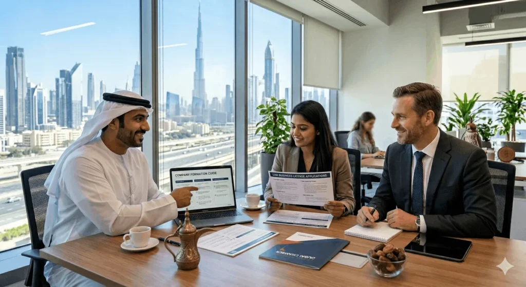 Emirati man in a kandura points to a laptop during a business meeting with a woman and a man in suits, with a city skyline outside the window.